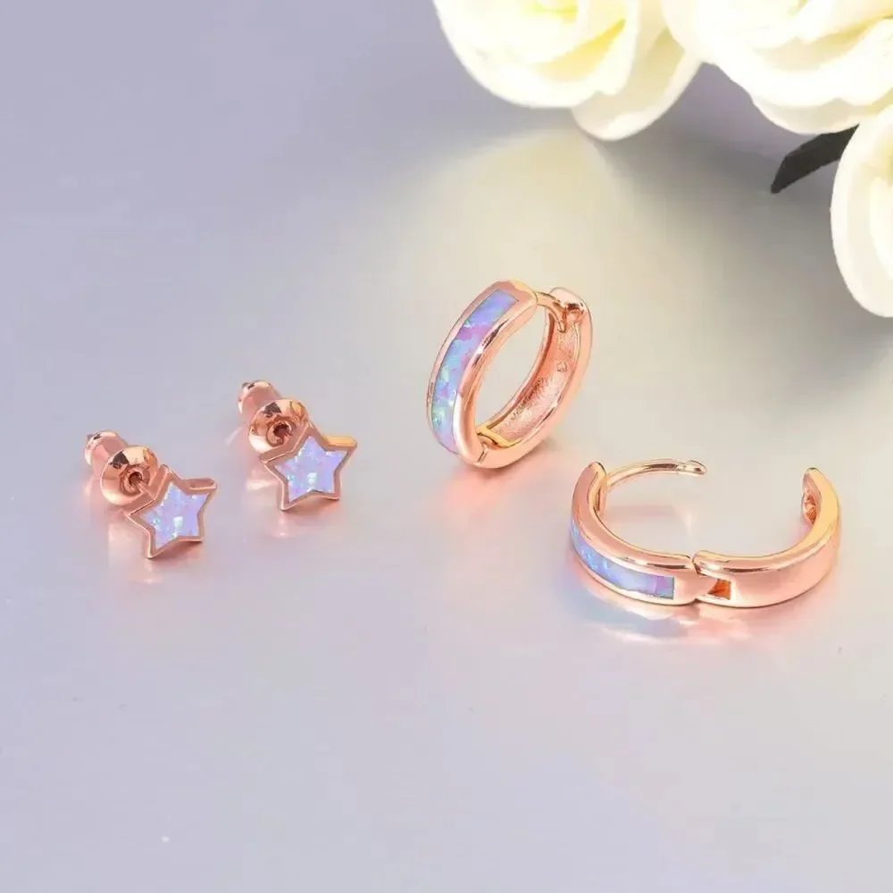 14K Rose Gold with Genuine Pink Fire Opal Huggie and Star Stud Earrings Set of 2